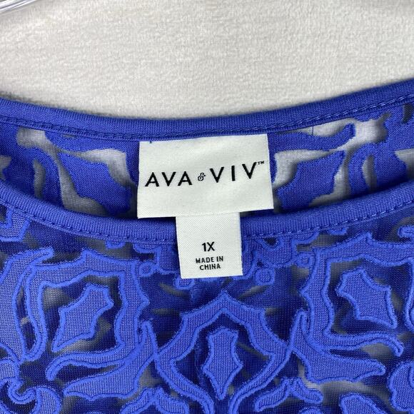 Ava & Viv Top Womens 1X Blue Embroidered Burnout Cap Short Sleeve Boho Stretch - Picture 3 of 7